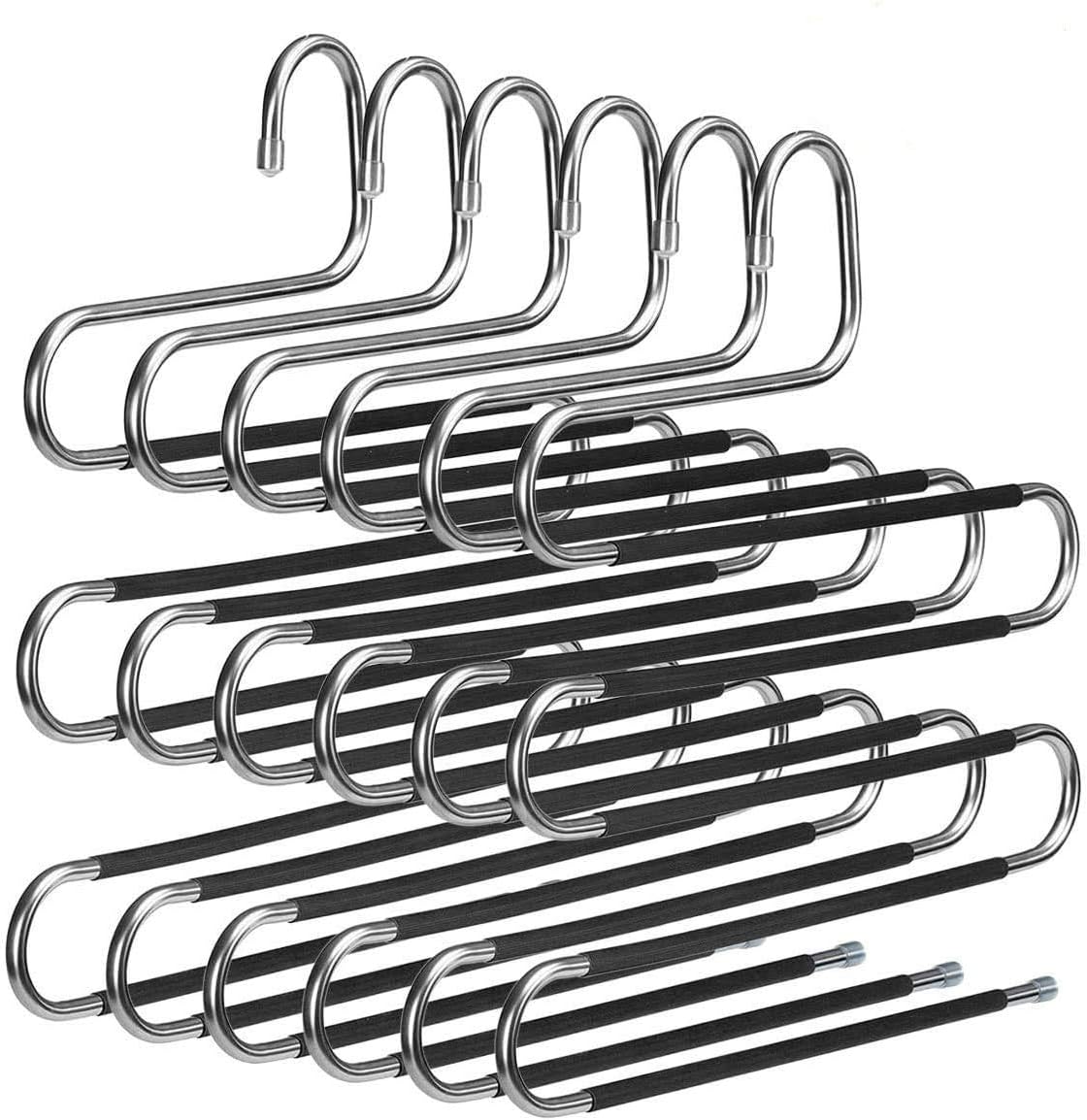 CHARMDI S-Type Stainless Steel Pants Hangers 6 Pack, Updated Multi-Layer Jeans Trouser Hanger Non Slip Clothes Hanger Ideal Space Saving Scarf Organizer for Tie Scarf Sock Jeans Towel Clothes, Black