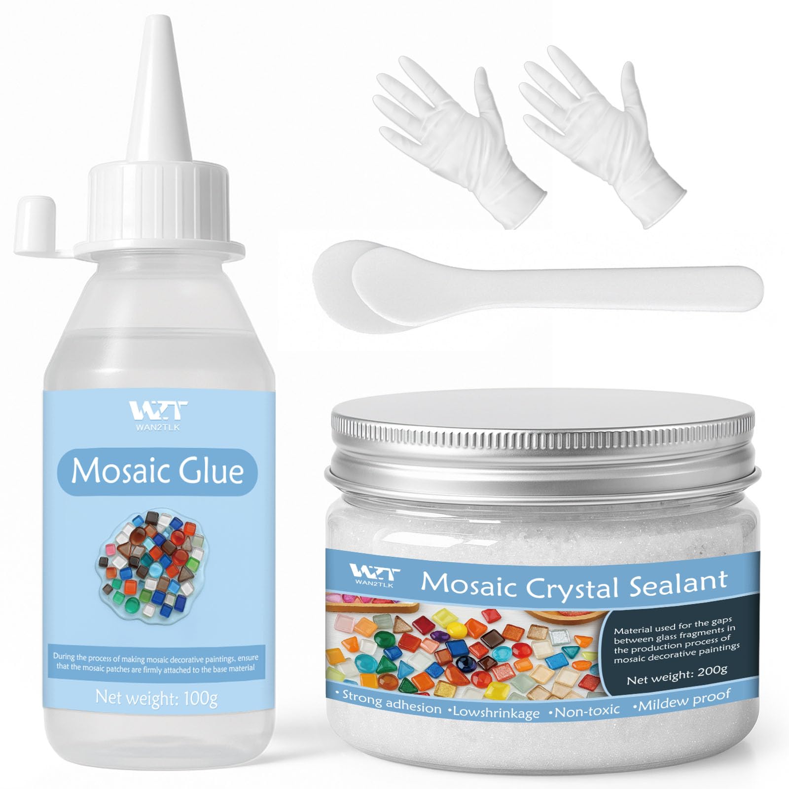 WAN2TLK Mosaic Craft Kit, Mosaic Glue and Grout, Applicator, Gloves, for Mosaic Tiles, Glass, Coaster Art, Home Decoration (White Grout)