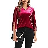 MOQIVGI Womens 3/4 Sleeve Velvet Tops Casual Trendy Dressy Elegant V Neck Blouses