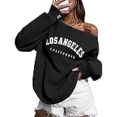 SOFIA'S CHOICE Women's Off Shoulder Sweatshirt Letter Graphic Oversized Long Sleeve Shirt Pullover