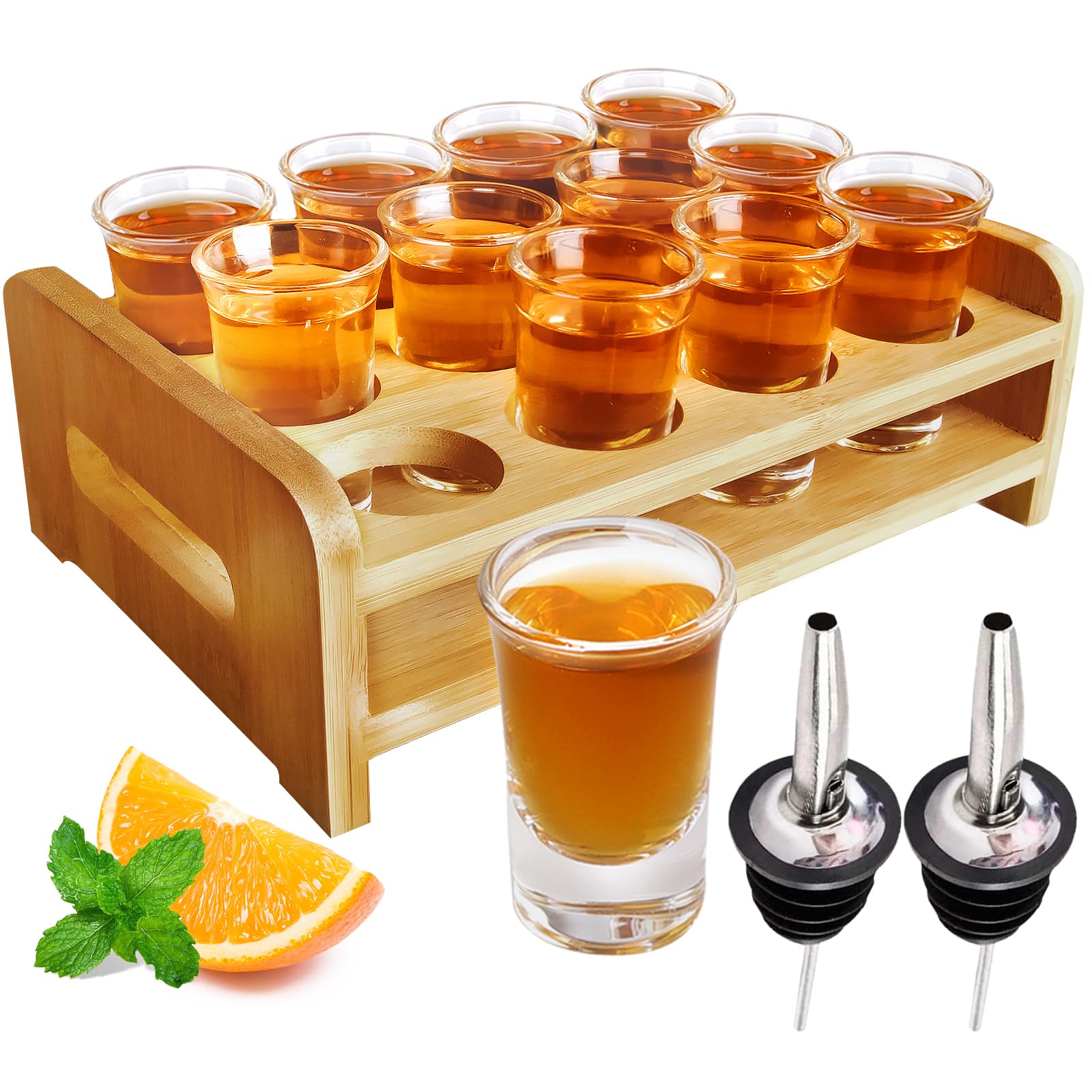 Shot Glasses Set of 12 Shot Glass Tray Serving Holder 1oz/30ml Bulk Glass Shot Glasses Thick Base with Stand Organizer for Tequila Party Club Bar Home Restaurant Kitchen Glassware Spirit Tasting Gift