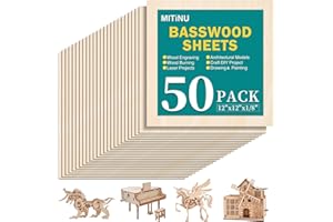 MITINU 50 Pack Basswood Sheets for Crafts,12"x12"x1/8" 3mm Thick Plywood Sheets with Smooth Surfaces-Unfinished Squares Wood Boards for Laser Cutting, Wood Burning, Architectural Models, Staining