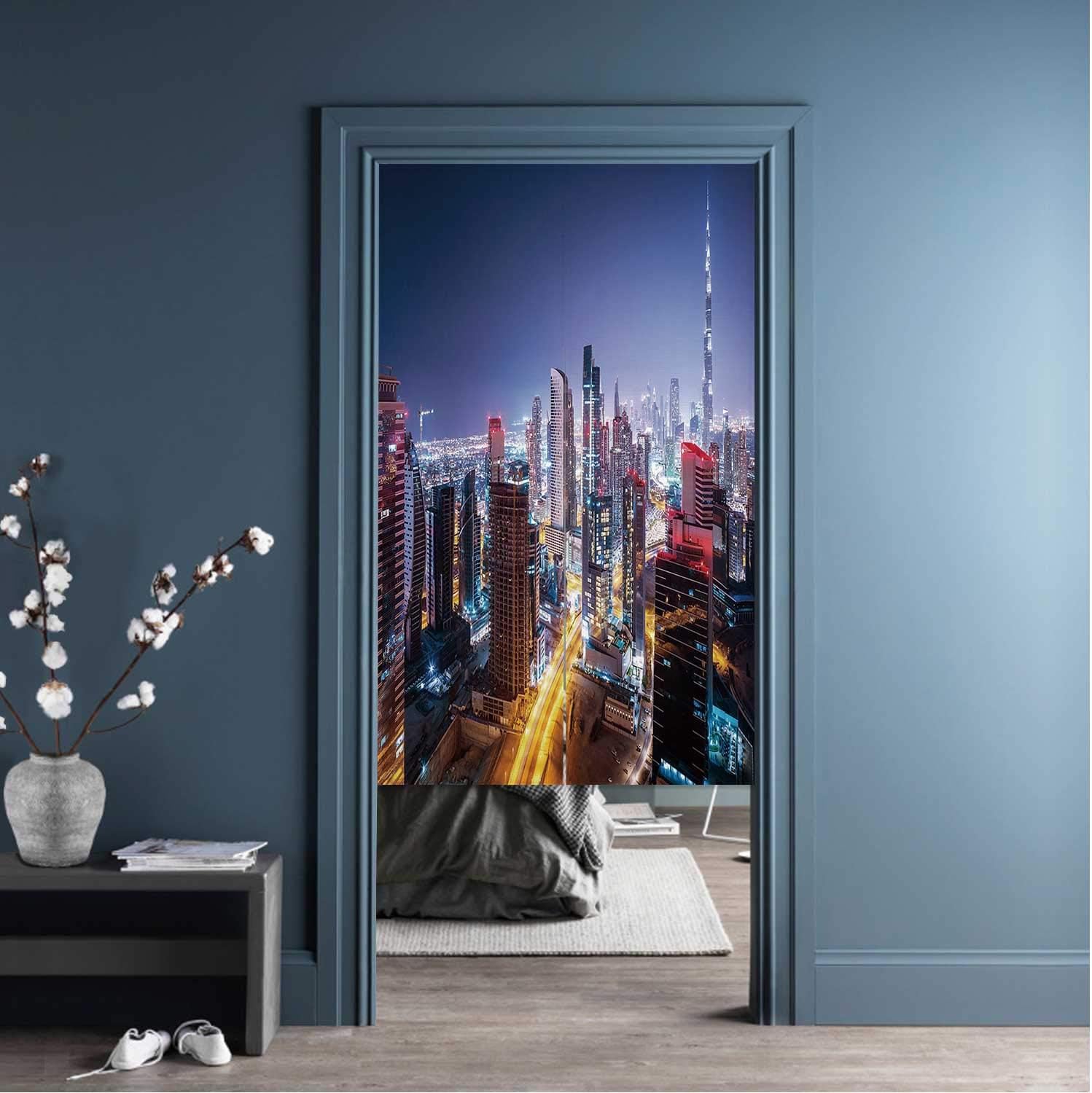 MOOCOM City,Curtain Nighttime at Dubai Vivid Display United Colorful Emirates Tourist Attraction Travel Theme Door Curtain Rod Wide 27.5'' x high 59''