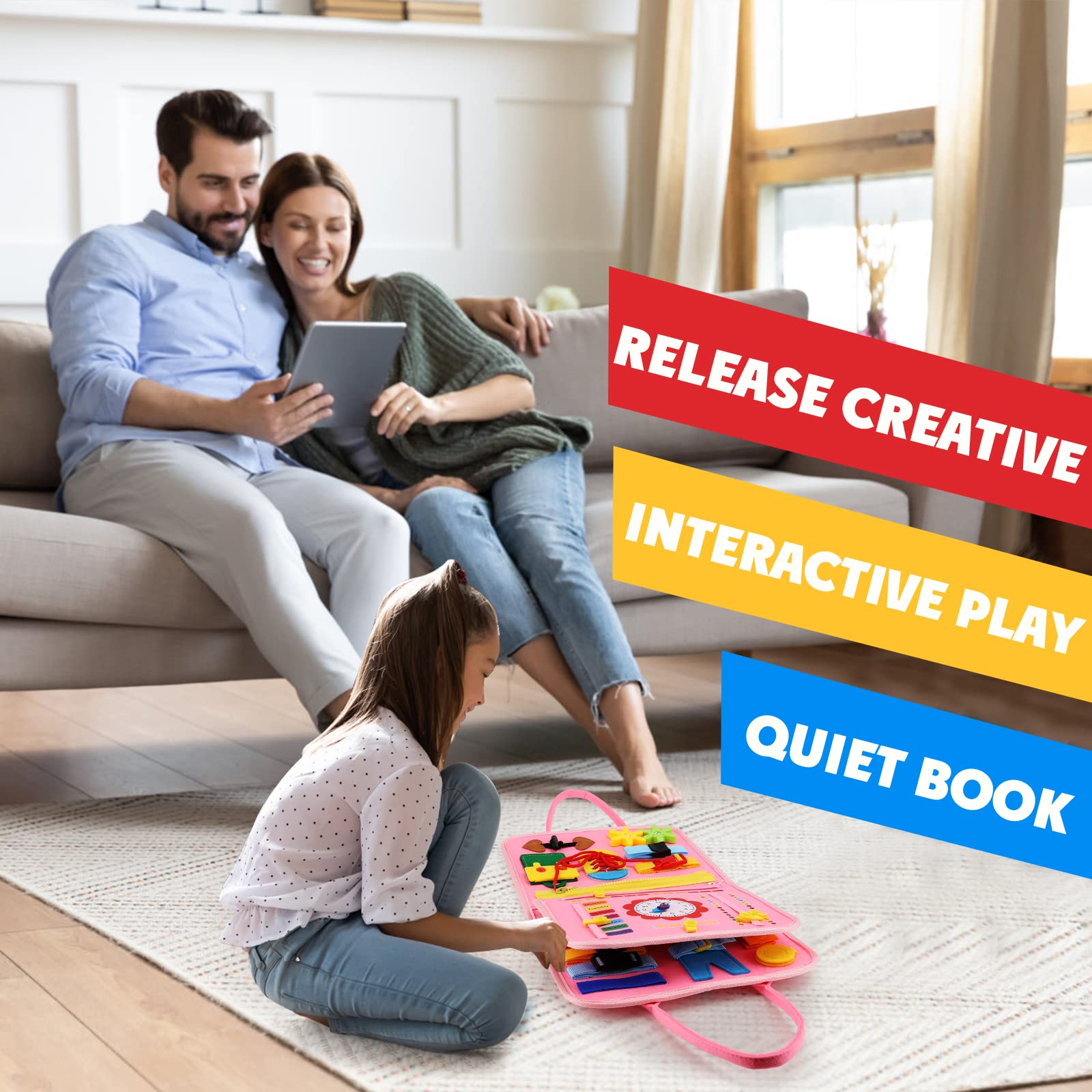 Guolely Busy Board Montessori Toy for 3-6 Year Old Toddlers - Educational Activity Developing Sensory Board for Basic Dress Fine Motor Skills - Travel Toys for Plane Car, Gift for Boys Girls