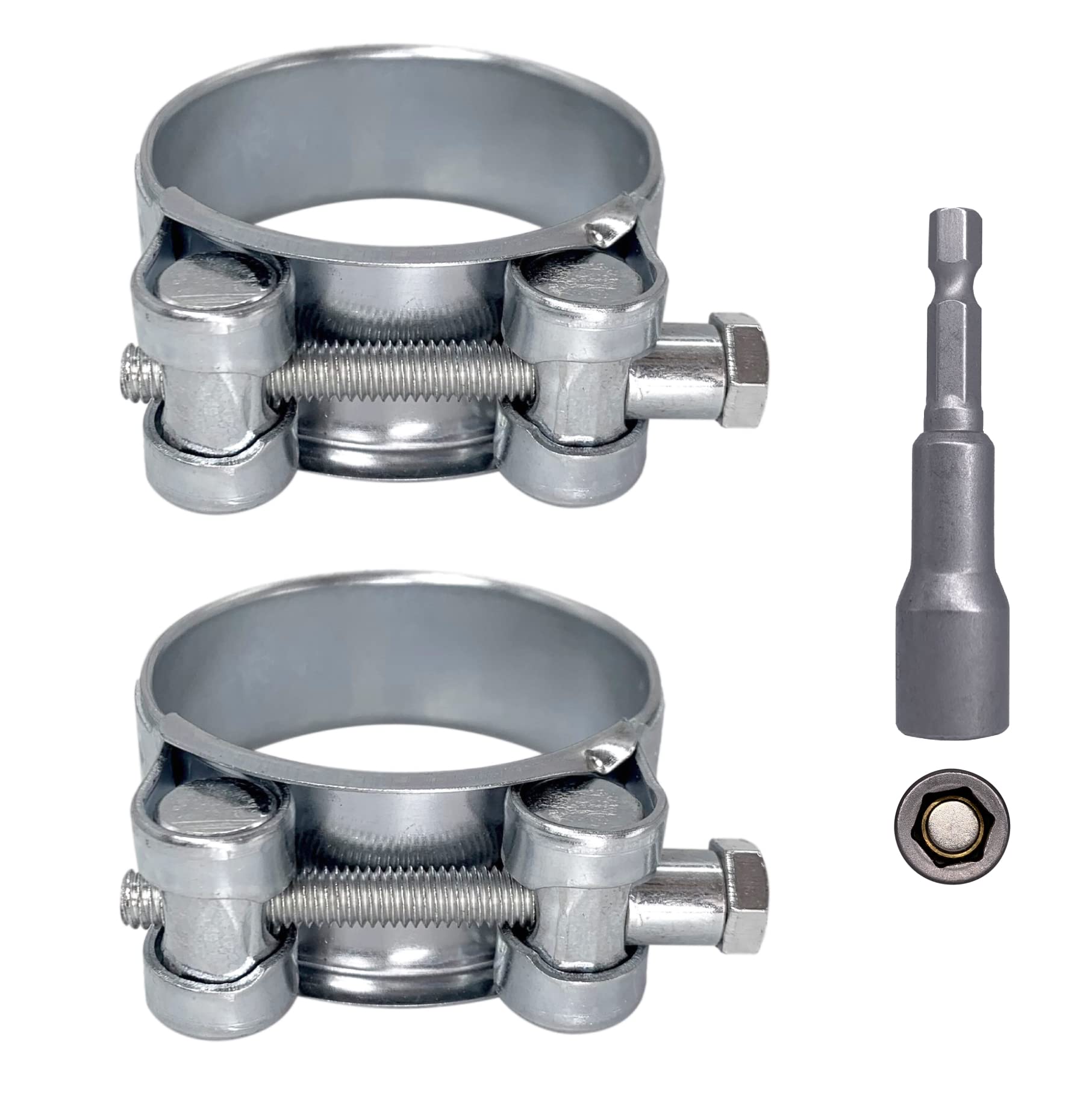 SKIR'CO (Pack of 2 pcs) Reinforced Hose Clamps 52-55 mm, Galvanized Steel, Adjustable Tube and Pipe Clamp (2 pcs, with Magnetic Hex Driver Bit)
