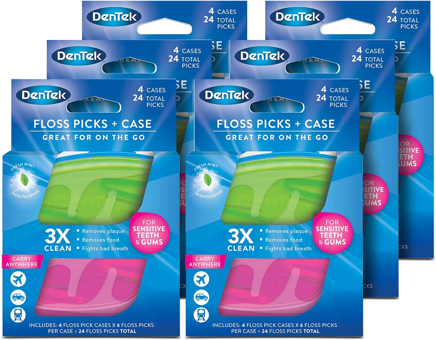 DenTek Floss Picks + Case 4 Travel Floss Pick Cases with 6 Floss