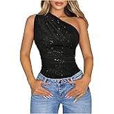 GORGLITTER Women's Sexy Glitter Sparkly Sleeveless One Shoulder Bodysuit Side Ruched Party Club Night Tops