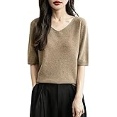 Chanyarn Women's V-Neck 100% Merino Wool Spring Fall Winter First-Line Ready to Wear Seamless Knit Shirt Short Sleeve Sweater