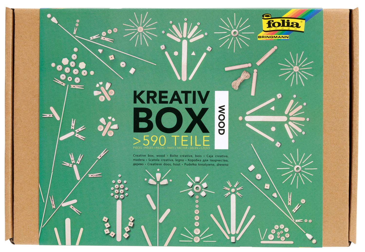 folia 938 Creative Box Wood Craft Box with Over 590 Pieces, Many Different Materials for Imaginative, Creative Crafts and Decorating