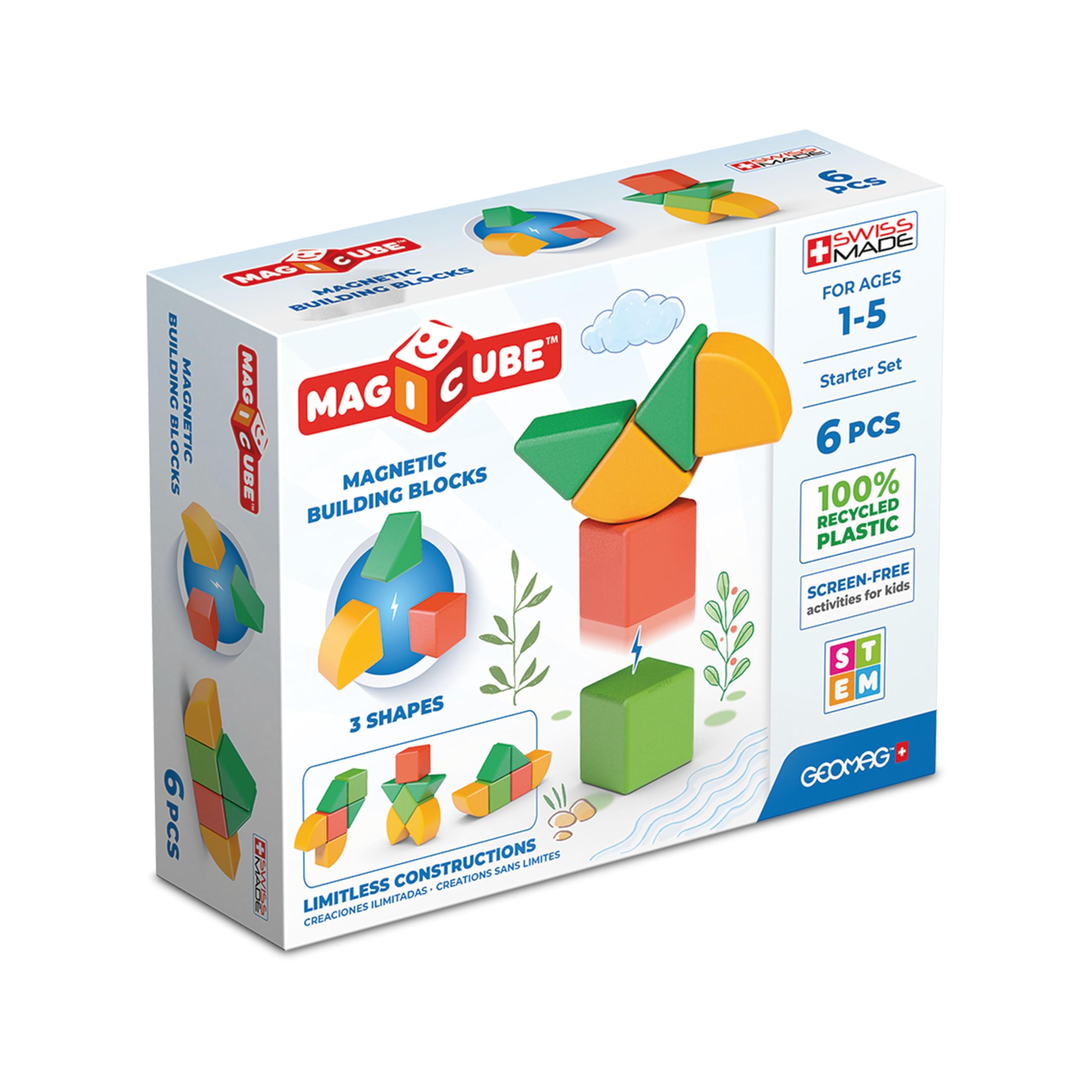 Geomag - Magicube 1+ Shapes - Magnetic Blocks for Kids - 4 Colours and Shapes - 6 Cubes – 100 Percent Recycled Plastic