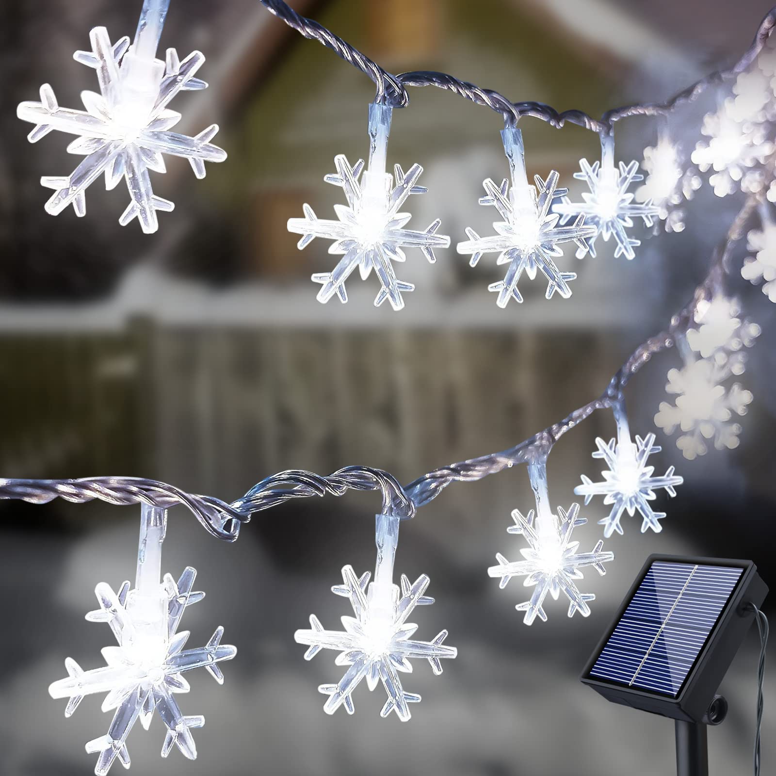Fohil Solar String Lights Snowflake100LED 12M 8 Modes Waterproof Outdoor Garden Christmas Patio Indoor Decor
