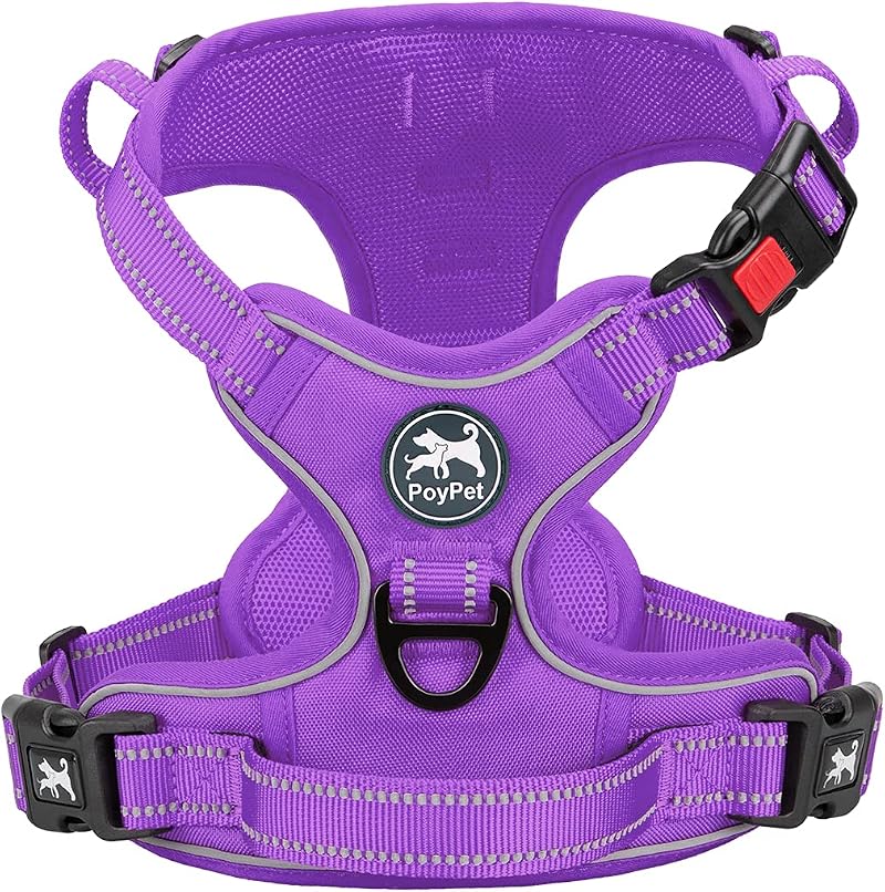 PoyPet No Pull Dog Harness Reflective Easy On Front Back D Ring L Purple