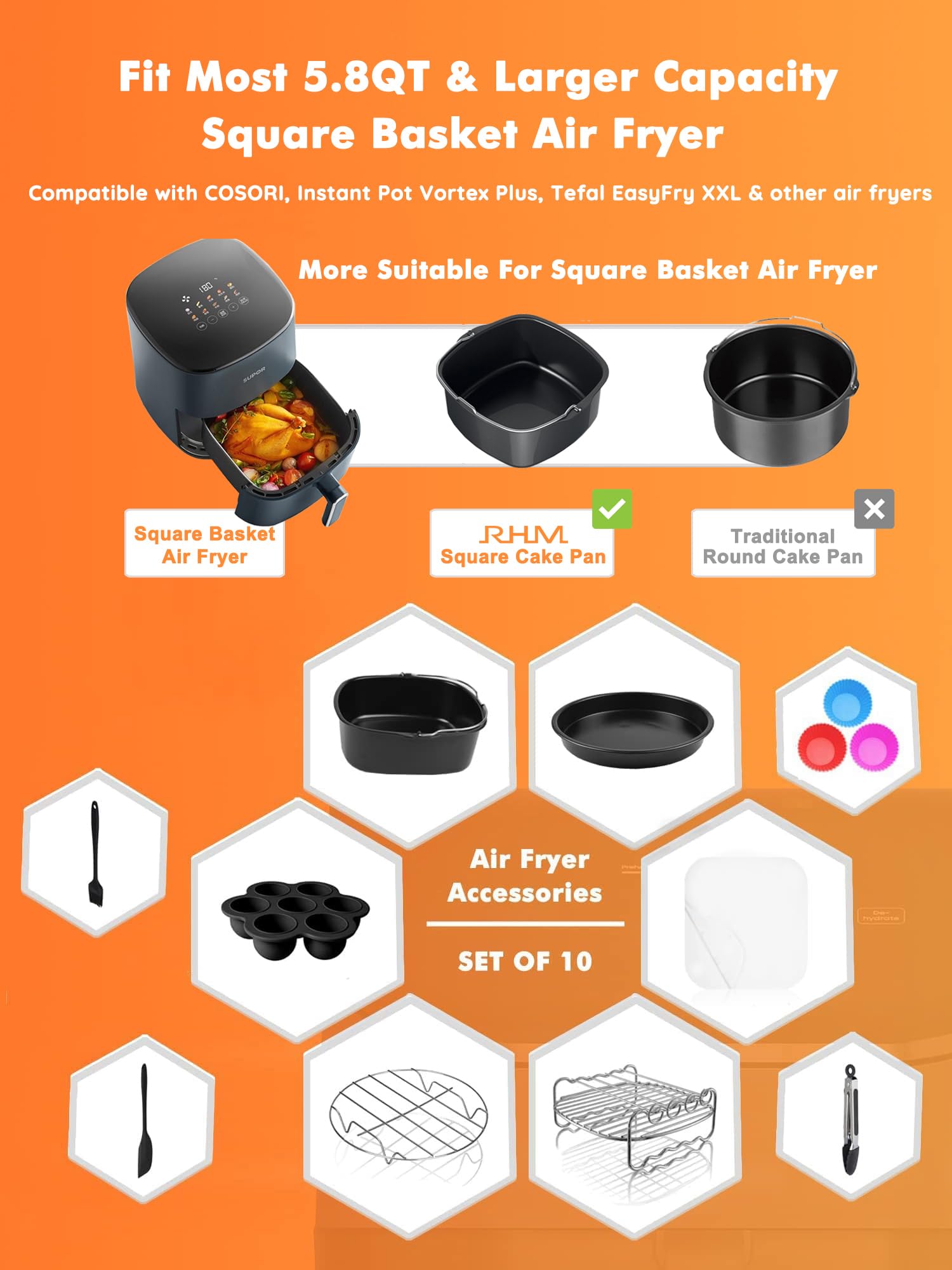 Air Fryer Accessories for Cosori, 10 Piece Square Accessories for COSORI 5.8 QT 6.0 QT, Instant Vortex Plus 6QT and Larger Air Fryers, Including Cake & Pizza Pan, Rack & Skewer, Egg Bite Mold, etc.