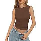 AURUZA Women Going Out Casual Tank Tops Boat Neck Sleeveless Crop Tank High Neck Slim Fit Cropped Tee Shirt Y2k Fashion Outfits, M, Brown
