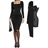 Popilush Cocktail Dress Long Sleeve Square Neck Midi Dress Shapewear Tummy Control Bodycon Dress Party Evening Built in Bra