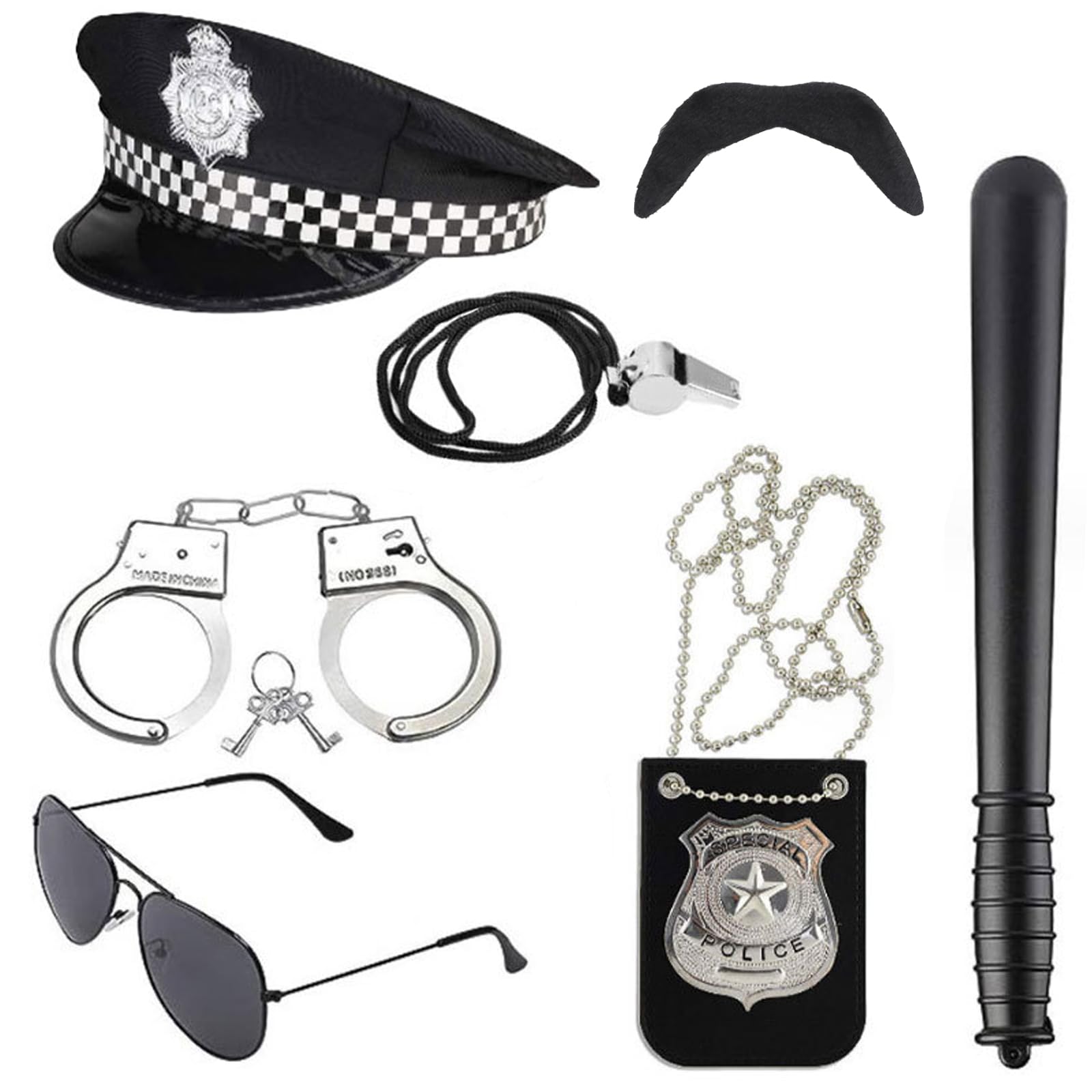 WanderGo Fancy Dress Police Costume Accessories, 7Pcs Kids Police Costume with Hat, Baton, Badge Bag, Handcuffs, Sunglasses, Whistle, Moustache, Kids Adults World Book Day Costume