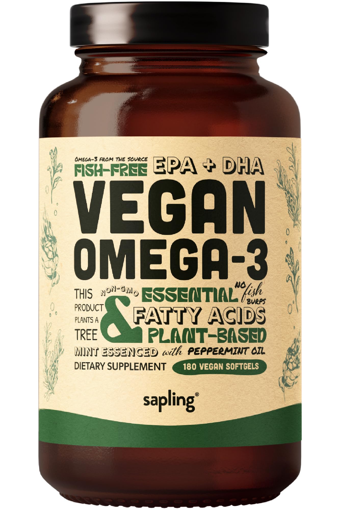 vegan omega 3 supplement - plant based dha & epa fatty acids - carrageenan free, alternative to fish oil, supports heart, brain, joint health - sustainably sourced algae, fish oil free - 180 softgels