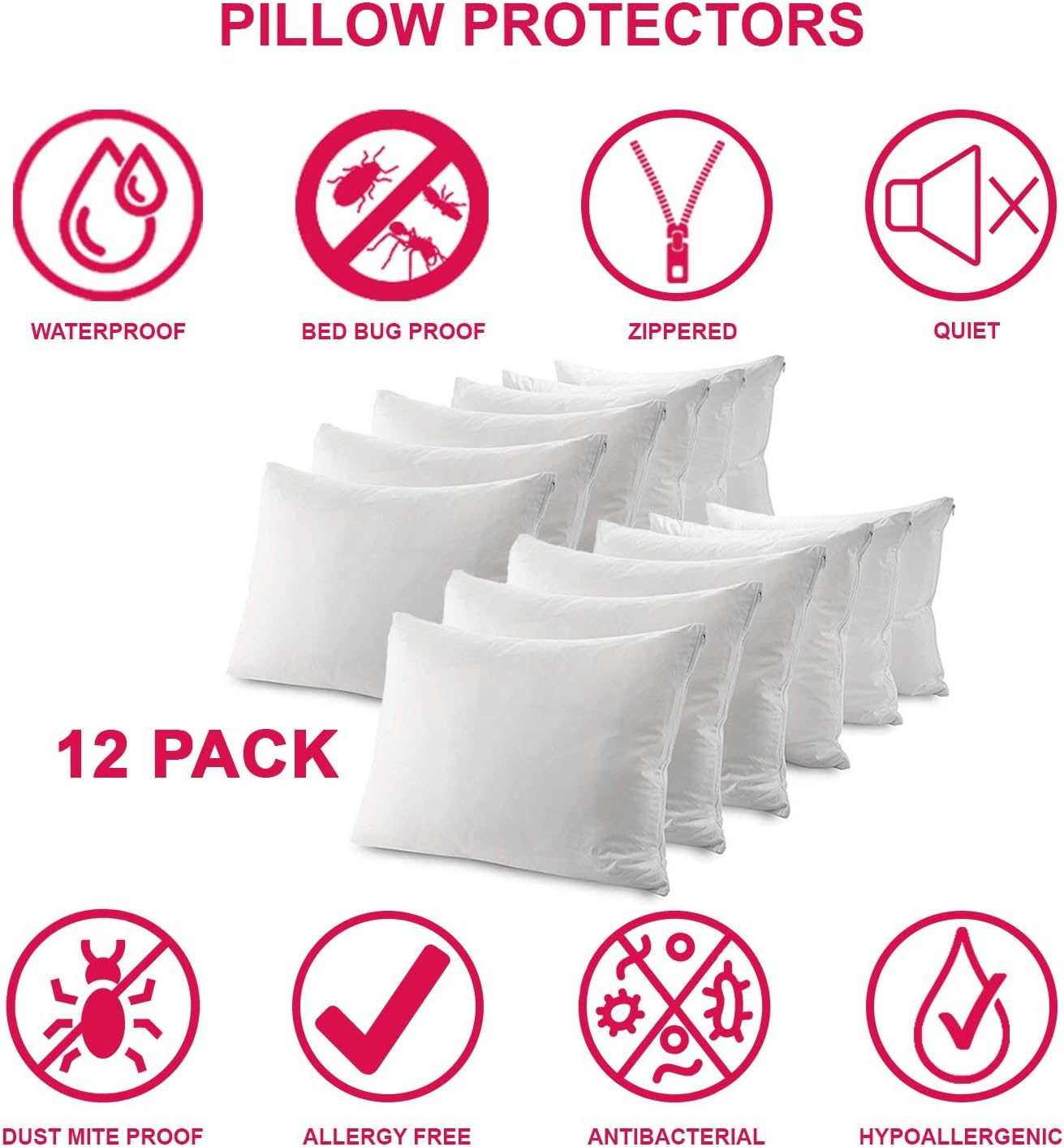Guardmax 12 Pack Pillow Protectors Bedbug Proof Waterproof Hypoallergenic Covers - Zippered Pillow Cases (Standard): Home & Kitchen