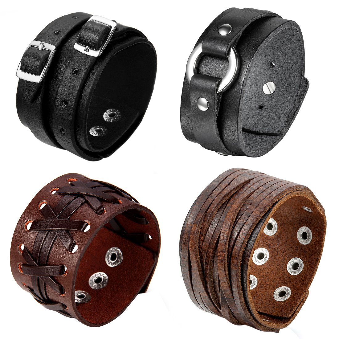 Cupimatch 4PCS Mens Biker Punk Rock Braided Wide Leather Bracelet Wristband Bangle with Snap Buttons
