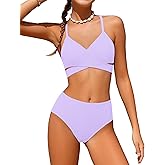 Doumlop Girls Swimsuit Bikini Set,Criss Cross Bathing Suits for Girl Two Piece Solid Color Girls' Swimwear for 7-16 Years