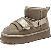 BEAU TODAY Womens Platform Ankle Boots Genuine Leather Mini Boots for Women Comfortable Lightweight Anti-Slip Fur Snow Boots Pull-on Walking Winter Boots