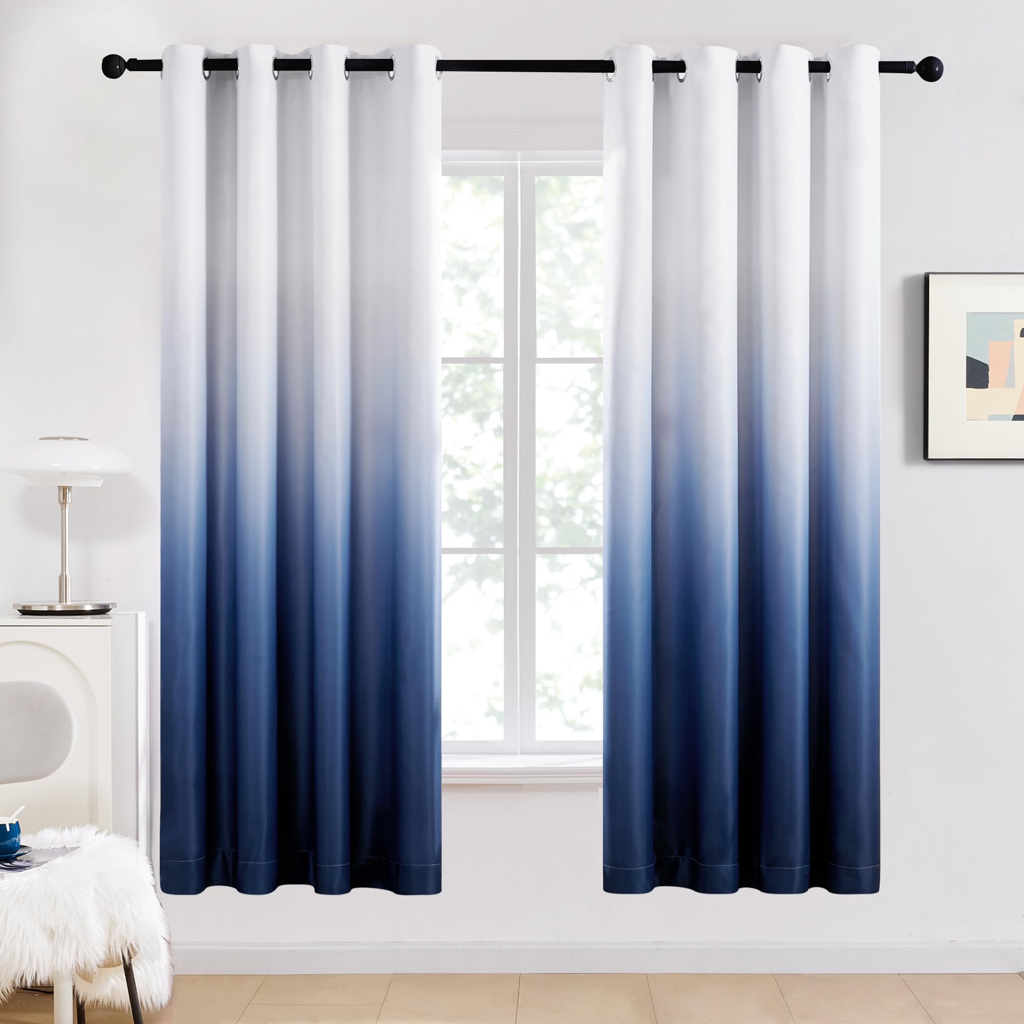 Deconovo Blackout Curtains for Bedroom & Living Room, Thermal Insulated, Noise Reducing, 2 Panels, W52" x L84", Navy Blue and White, Ombre