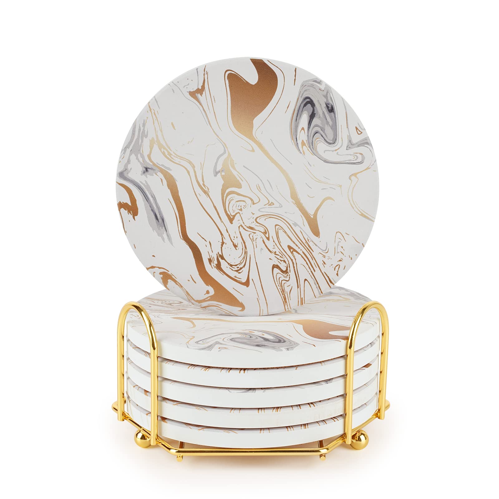 Gold Marble Coasters with Non-Slip Cork Base and Holder - Absorbent Drink Set for Cups, Tables, Home Decor