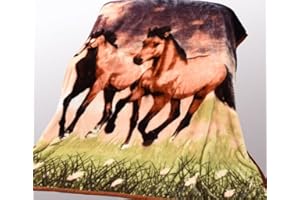 HIYOKO Wild Animal Twin Horses Print Blanket, TV, Cabin, Couch,Plush,Warm, Bedcover Throw, Full Queen, 75" Wx90 H, Silky Mink Cozy, for Girls,Boys, Kids,Men,Women