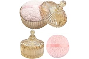 WHSLILR Extra Large Body Powder Puff and Container - Vintage Glass Dusting Powder Container with Soft Puff for Women & Girls (5.9x5.9x5.9 IN)-GRB010-Amber