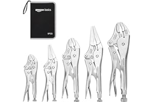 Amazon Basics 5-Piece CR-V Locking Pliers and Wire Cutters Set with Carrying Case, 2 Straight, 3 Curved Jaw, 6.5-10 inch, Silver