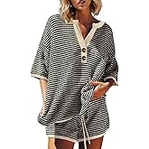 ETCYY NEW Oversized Striped Two Piece Sets for Women 3/4 Sleeve Henley Sweater Top High Waisted Shorts Summer Lounge Sets