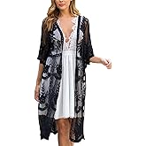 FaroDor Women Flowy Lace Kimono Cardigan Crochet Summer Open Front Bathing Suit Long Beach Cover Up Black