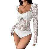 OYOANGLE Women's Floral Lace Long Sleeve V Neck Corset Mesh Leotard Bodysuit Sweetheart Neck Going Out Slim Fit Tops Jumpsuit