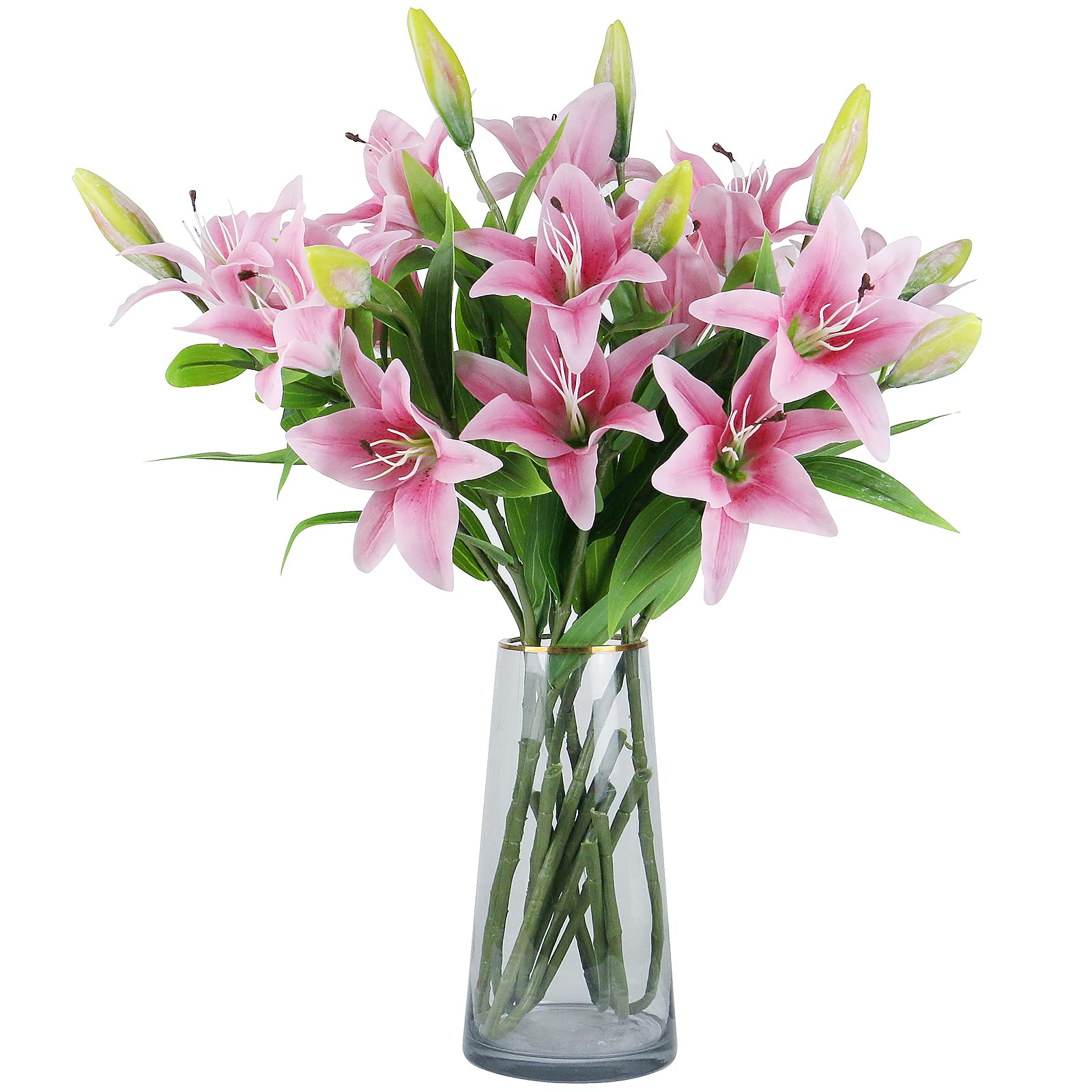 77CM LONG STEM Pink Artificial Lilies Flower Bouquet, Fake Tiger Lily, Home Office Garden Wedding Party Decoration, WITHOUT VASE