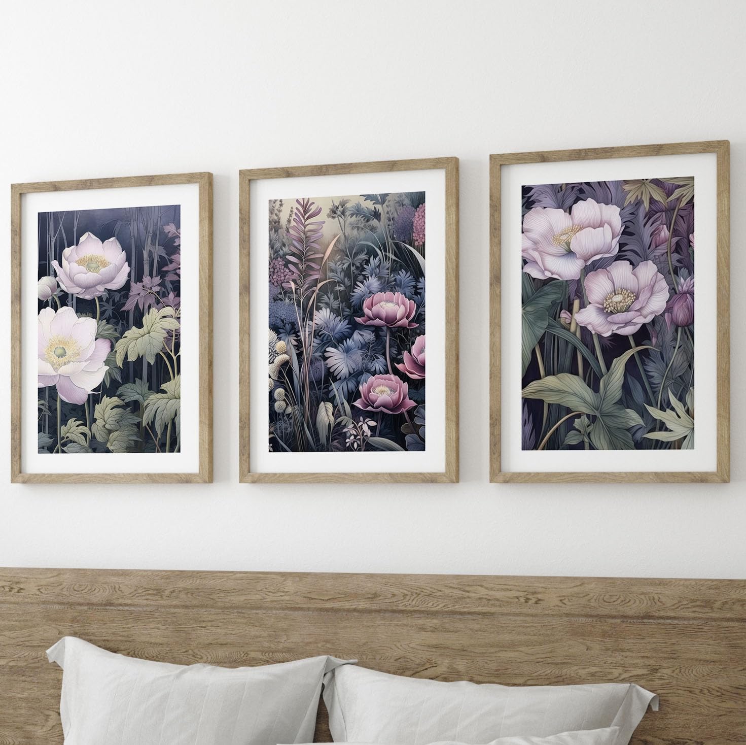 Purple Japanese Botanicals Wall Art Set of 3 Unframed Poster Prints, Tropical Plant Decor, Living Room Bedroom Bathroom Poster Home Decor, Chrysanthemum Lotus Peony Flowers, Purple Green (A3) — image 1