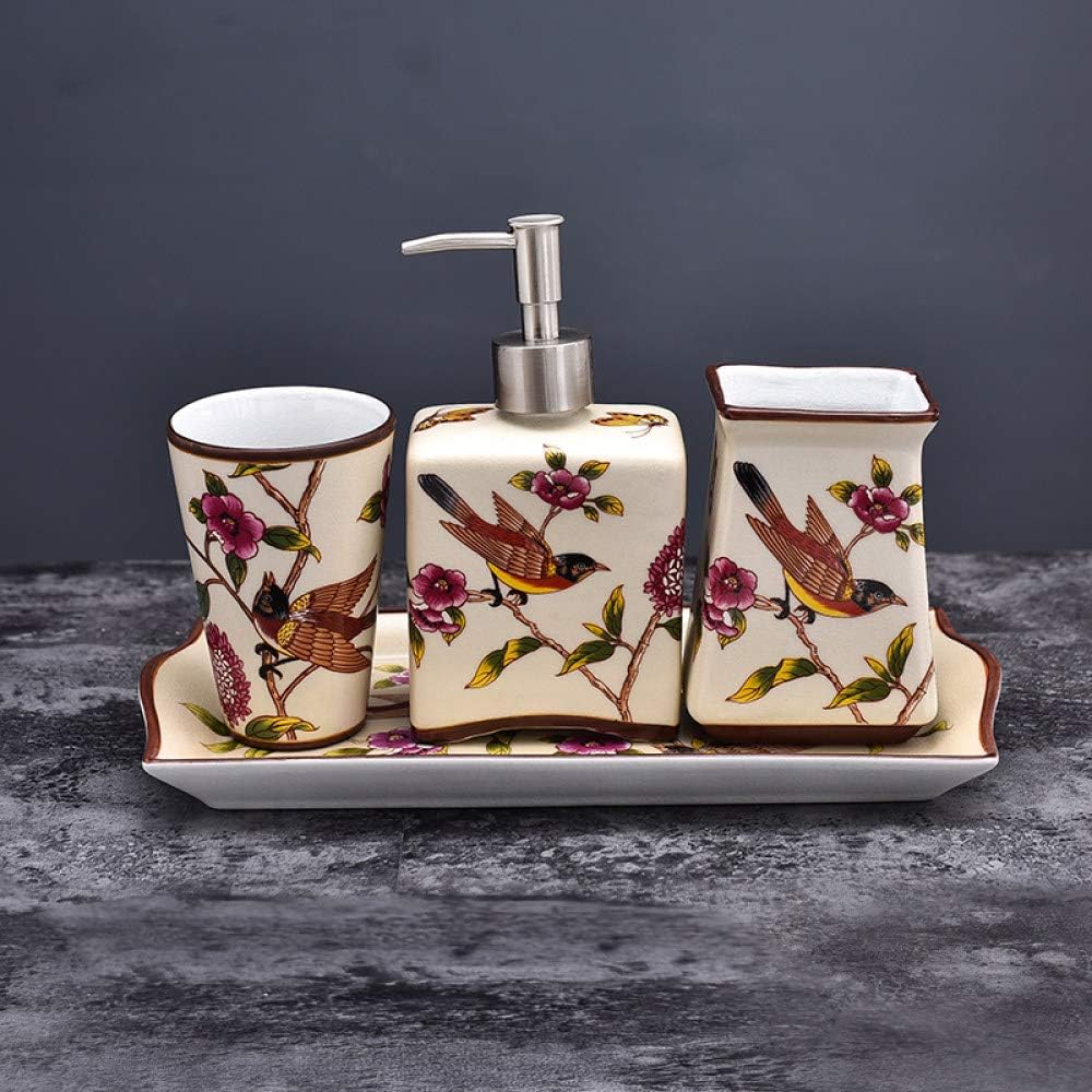 Vintage Ceramic Bathroom Accessories Sets 4 Piece Painted Flower Bird Beige Bathroom Set Vanity Decor Contain Square Soap Dispenser 1 Pcs Tumbler Vanity Tray Toothbrush Holder For Home Hotel Toilet Amazon Co Uk Kitchen Home