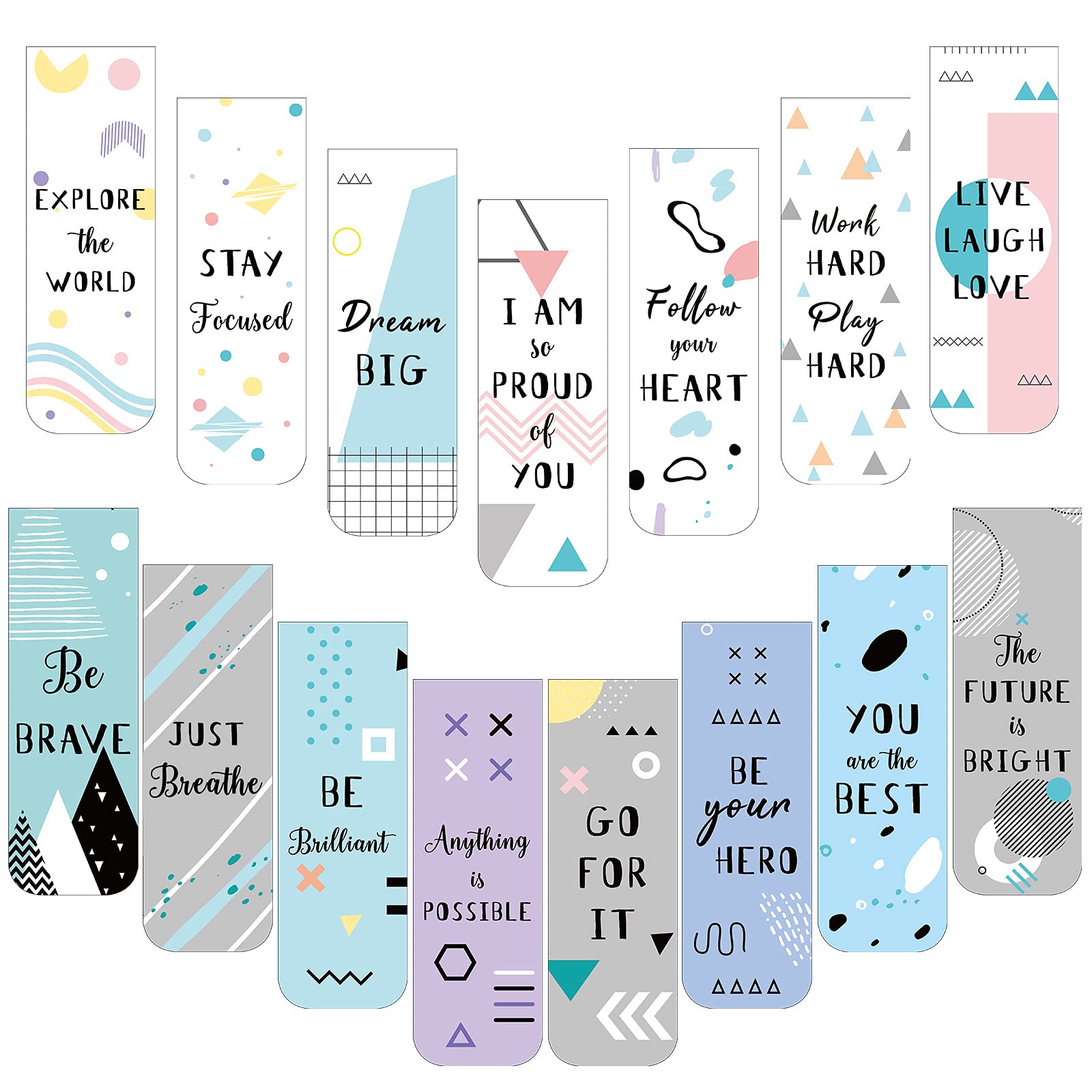 30 Magnetic Bookmarks - Inspirational Quotes, Motivational, Geometric Theme, Colorful, Cute, Positive Magnet Page Markers