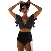 Women Ruffle High Waist Swimsuit Two Pieces Bikinis Padded Swimwear