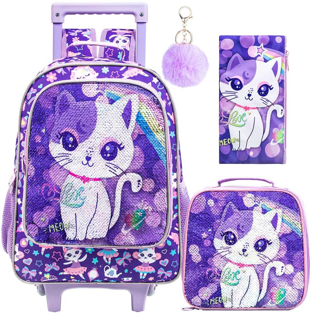 Photo 1 of ****NO ROLLER WHEELS***** KLFVB Kids Backpack for Girls, School Bag with Lunch Bag, Wheeled Sequins School Bookbag for Children - Cat