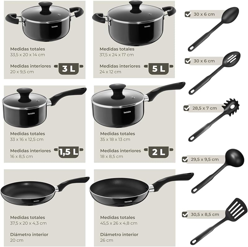 ® Conjunto Completo de Loiça, Louça Moderna Completa, Pratos de Loiça, Taças de Cozinha, Taças de Pequeno-Almoço, Chávenas de Café, Panelas de Alumínio Inoxidável - 45 Peças Cinzento/Preto