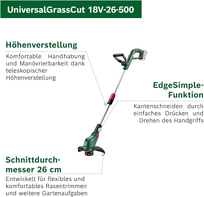 Akku-Rasentrimmer UniversalGrassCut 18V-26-500 (zum Rasentrimmen und Kantenschneiden; Ladezeit: 65 min; Schnittkreisdurchmesser: 26 cm; 18-Volt-System; mit 2.0 Ah-Akku und Ladegerät)
