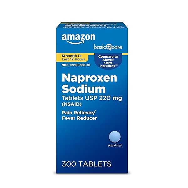 AMAZON BASIC CARE NAPROXEN SODIUM TABLETS 220 MG, PAIN RELIEVER/FEVER REDUCER (NSAID), MUSCULAR ACHES, BACKACHE, HEADACHE, TOOTHACHE, MINOR ARTHRITIS PAIN RELIEF & MORE, 300 COUNT (PACKAGING MAY VARY)