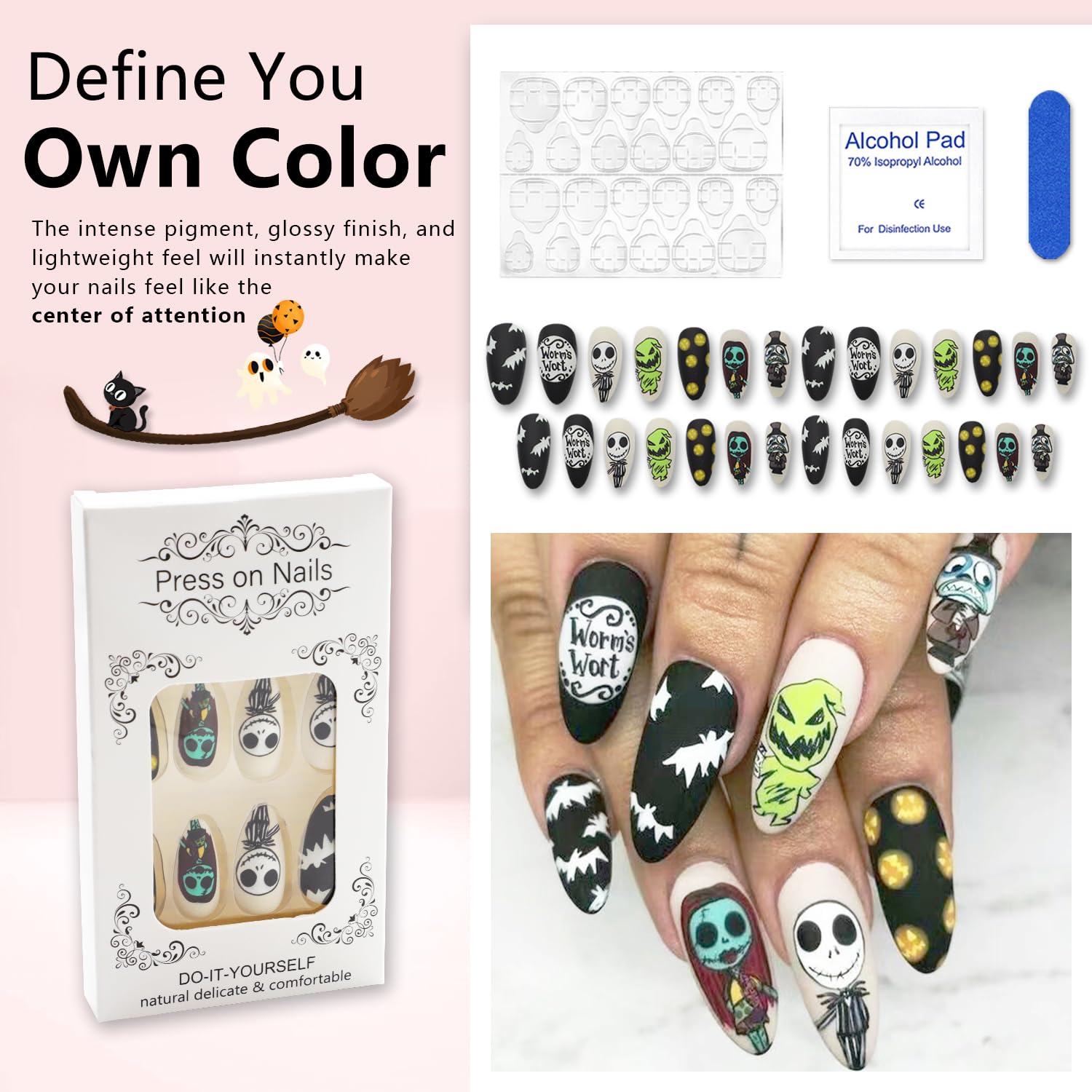 Halloween Press on Nails Almond Medium Length Fake Nails Matte False Nails with Skull Pumpkin Bats Designs Scary Nightmare Before Christmas Nails Full Cover Acrylic Glue on Nails for Women Manicure - Image 5