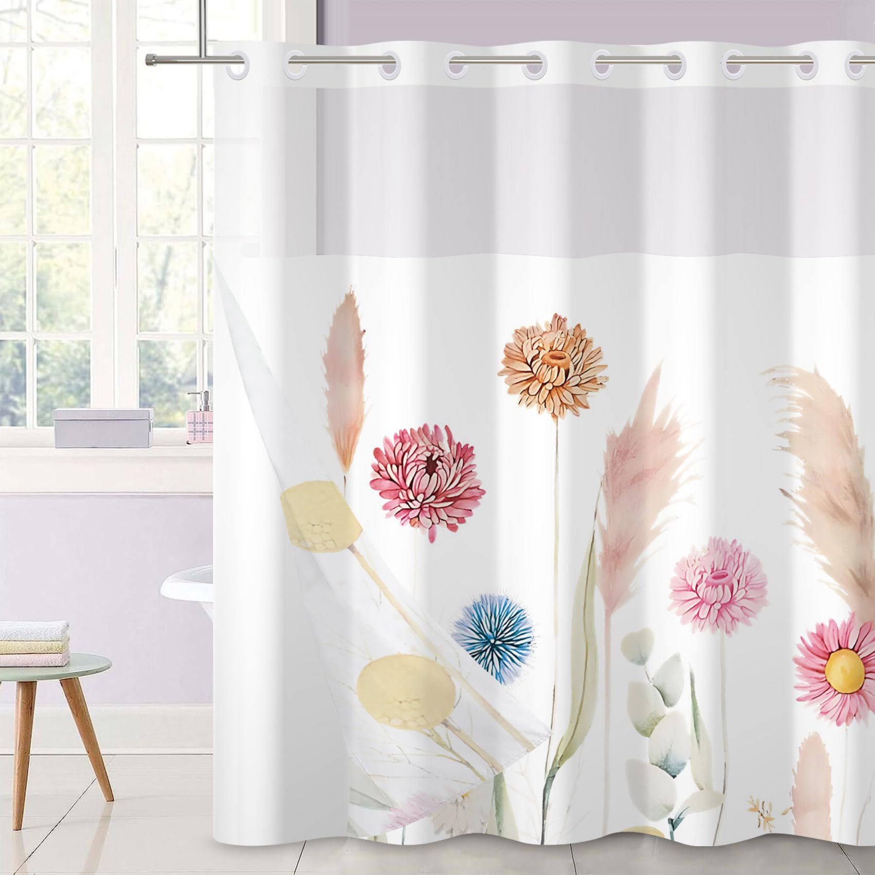 Ttincceer Flower Shower Curtain No Hook Plant Bathroom Curtain with Snap in Liner Floral Double Layer Shower Curtain Set Washable Modern Bathtub Curtain 180x188cm — image 1