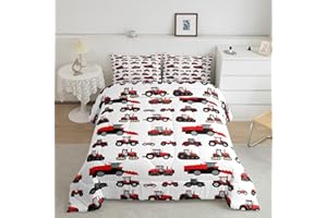 Erosebridal Red Tractor Comforter Set Twin Size Heavy Equipment Truck Down Comforter Kids Boys Girls Teens Harvester Tractor 