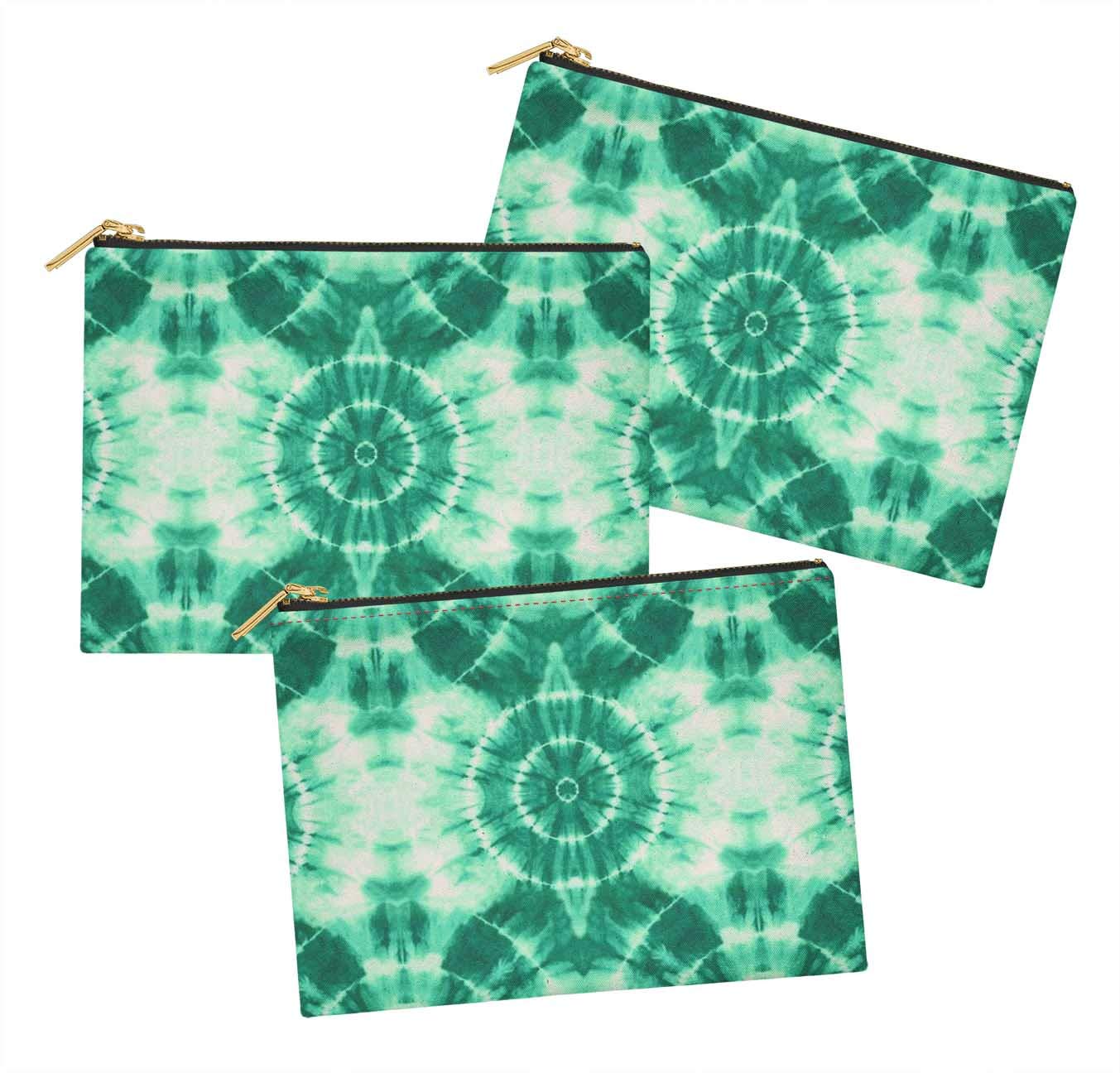 S4Sassy Green Bandhani Tie-Dye 3 Pc Printed Multipurpose Zipper Make Up Pouch Toiletry Bag Organizer-6 x 8 Inches