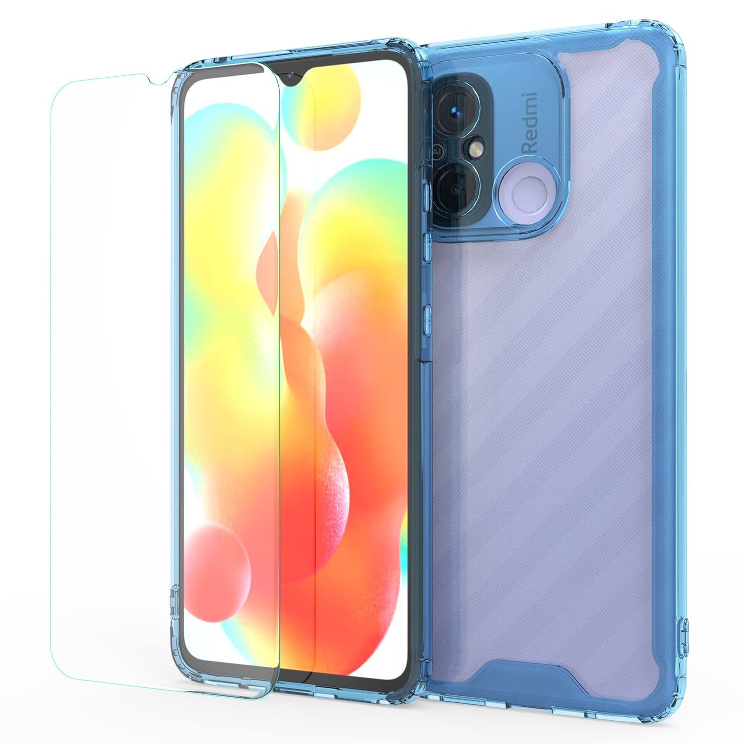 MOONESS Case for Xiaomi Redmi 12C / 11A with Tempered Glass, TPU Silicone Compatible with Xiaomi Redmi 12C / 11A, Shockproof Protective Hard PC Back Case Cover – Blue