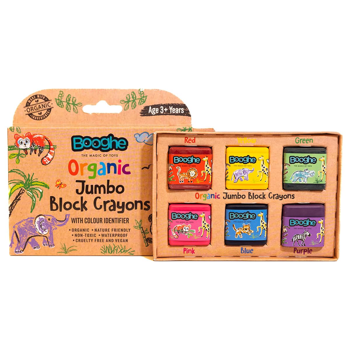 Booghe Crayons Organic Jumbo Block Crayons - Made With Organic Ingredients and Food Grade Colors - Nature Friendly, Non Toxic, Waterproof, Pack of 6, Age 3 + Years