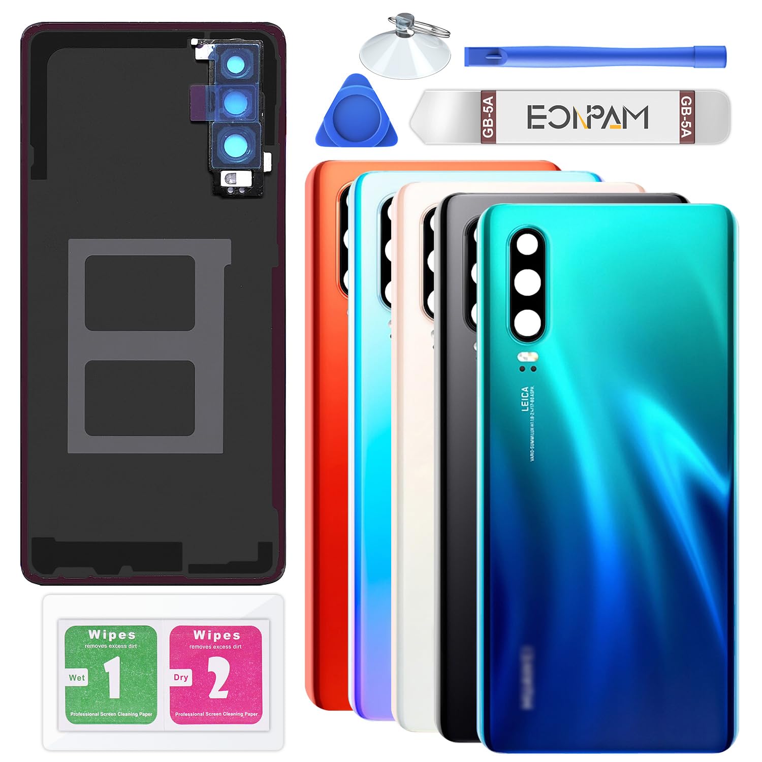 Eonpam Back Cover Glass for Huawei P30 Rear Glass Replacement with Camera Lens + Repair Kit Genuine Rear Housing (Aurora)