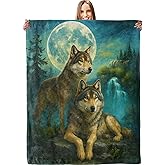 Wild Wolf Moonlight Blanket, Plush Soft Lightweight Warm Cozy Flannel 60×50 inch Throw Blanket with Waterfall Forest Design for Couch, Travel, Bed, Outdoor, Gifts for Women Men Adults Teens Kids